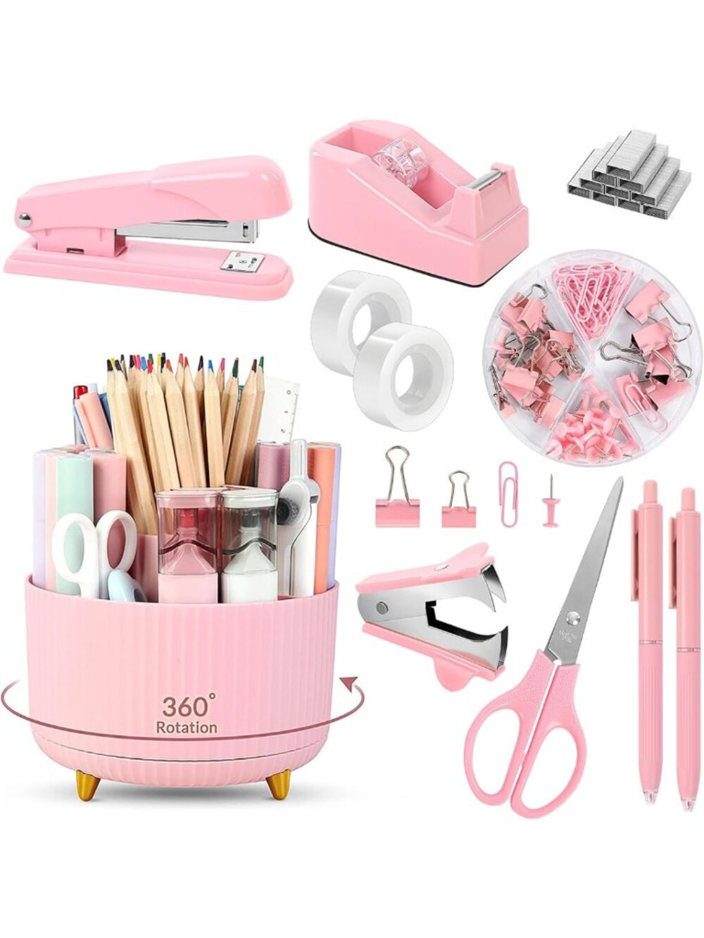 Stylish Pink Desk Accessories Set - 11 Pcs with Rotating Pen Holder & Organizers